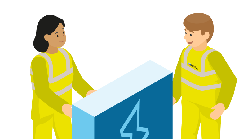 Illustration av två personer i skyddskläder som står vid en elkub med blixtsymbol.
