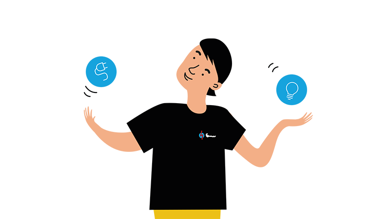 Tecknad figur i svart tröja med Jönköping Energis logotyp jonglerar symboler för olika energitjänster.