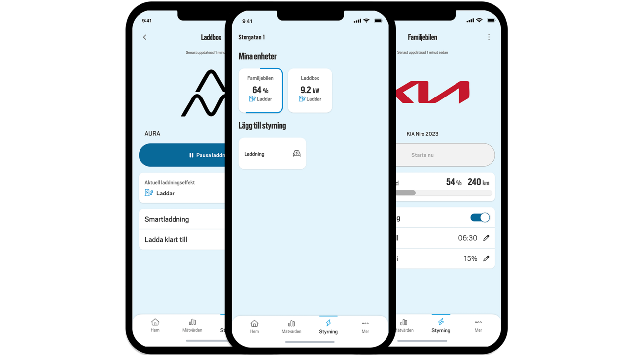 Tre smartphones visar en mobilapp som övervakar elbilsladdning. 