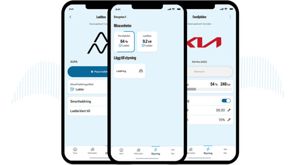 Tre mobilskärmar visar användargränssnittet för Jönköping Energis app med information om elbilsladdning, energiförbrukning och styrningsalternativ.