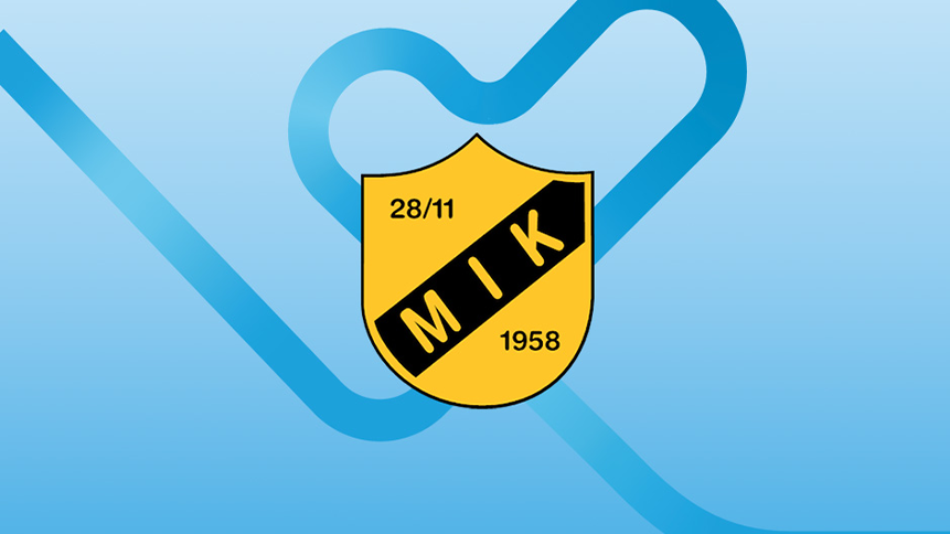 Gul och svart vapensköld med texten "28/11 MIK 1958" mot ljusblå bakgrund med hjärtformad linje