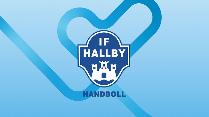 IF Hallby Handbolls blåvita klubbmärke med borgsymbol och text, placerat mot ljusblå bakgrund med hjärtformat mönster
