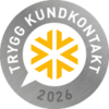 En grå cirkel med vit pratbubbla med gula illustrationer i. På det grå fältet står en trygg kundkontakt 2026.