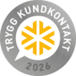 En grå cirkel med vit pratbubbla med gula illustrationer i. På det grå fältet står en trygg kundkontakt 2026.