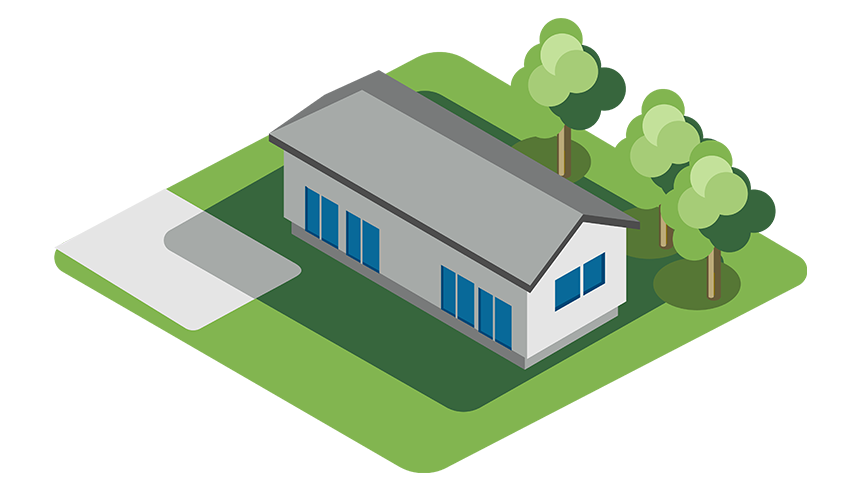 Illustration på ett vitt hus med grön trädgård.