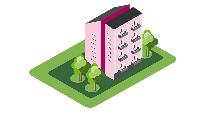 Illustration på ett rosa lägenhetshus med grön park nedanför.
