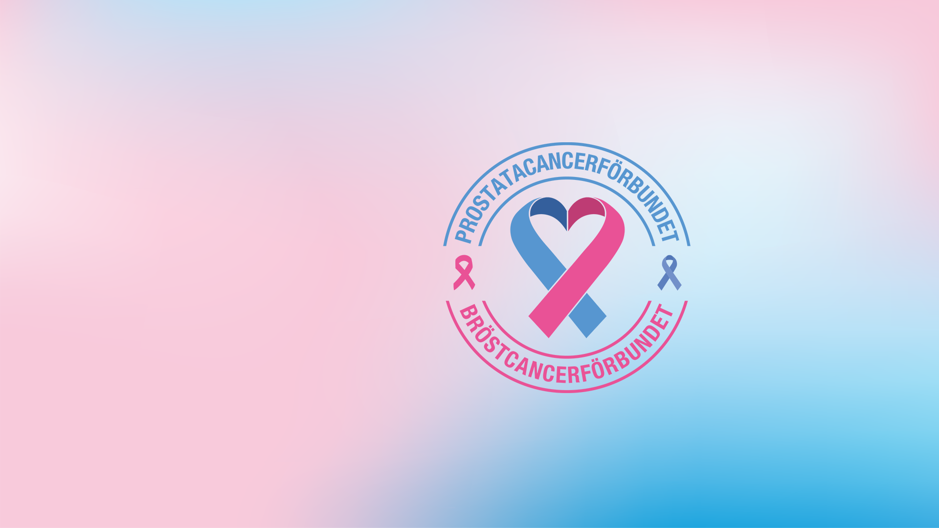 Rosa och blå bakgrund med logotyp med prostatacancerförbundet och bröstcancerförbundet.