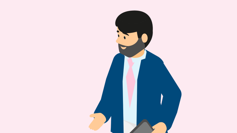 Illustration av en person i kavaj som gestikulerar och håller en surfplatta.