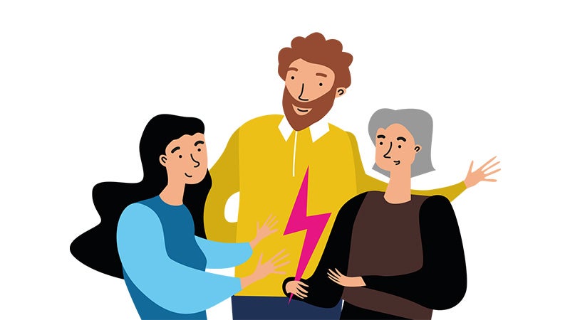 Tre tecknade personer står tillsammans och håller i en rosa blixtsymbol