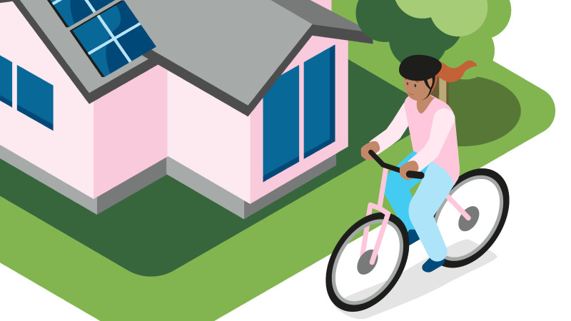 Illustration av en person som cyklar förbi ett hus med solpaneler.