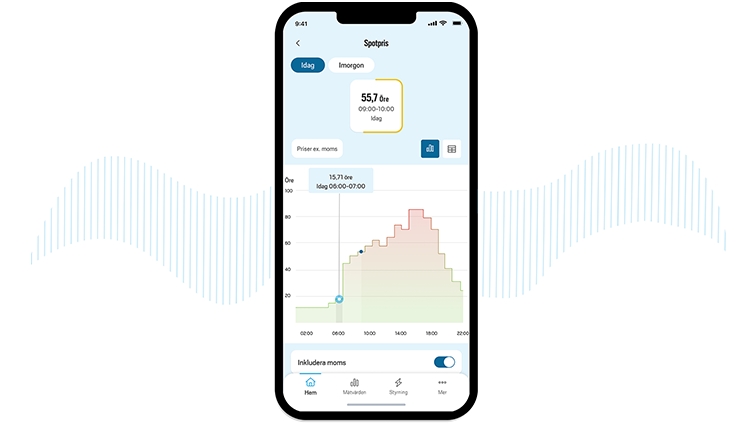 Smartphone med öppnad app från Jönköping Energi som visar elpriser i stapeldiagram per timme, med information om dagspris och prisnivåer.