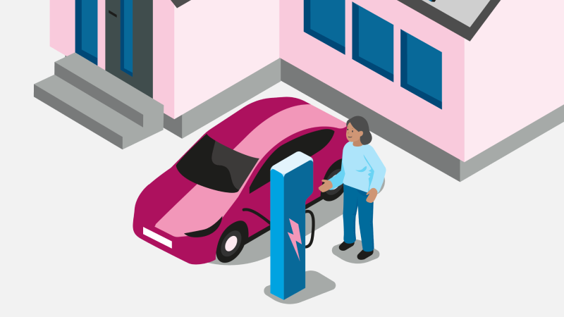 Vy över en illustration på ett rosa hus med en rosa bil som laddas. En person står bredvid laddaren.
