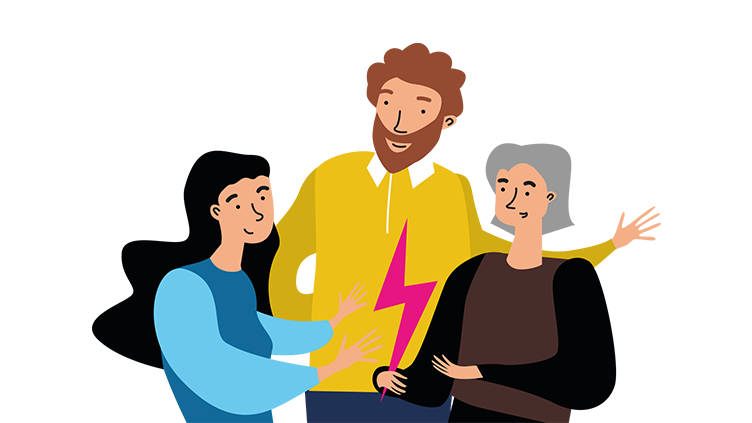 Tre tecknade personer står tillsammans och håller i en rosa blixtsymbol