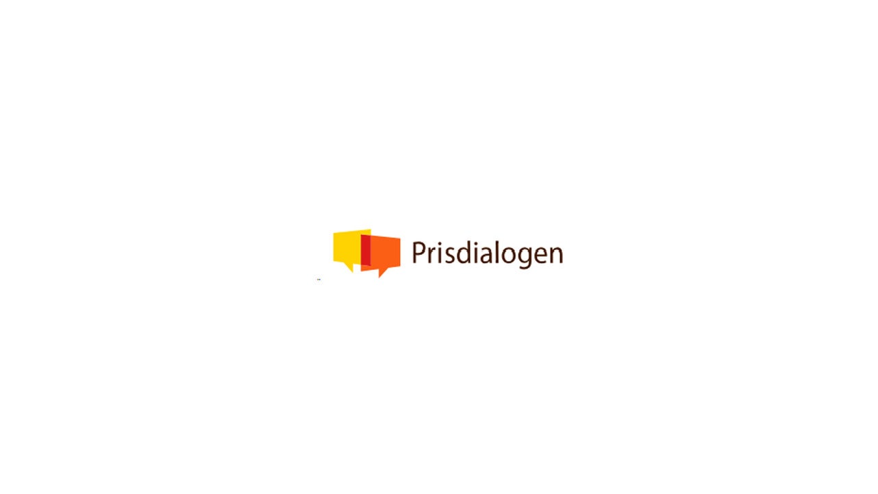 Prisdialogens logotyp med en färggradient från gul till orange i form av två pratbubblor bredvid varandra, följt av texten "Prisdialogen" i brunt. Logotypen är placerad mot en vit bakgrund.