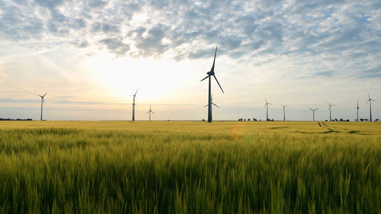 Flera vindkraftverk står utspridda över ett stort fält med vajande grödor, medan solen sänker sig mot horisonten och himlen täcks av spridda moln.