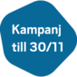 En mörkblå oregelbunden form med texten "kampanj till 30/11" skriven i mitten.