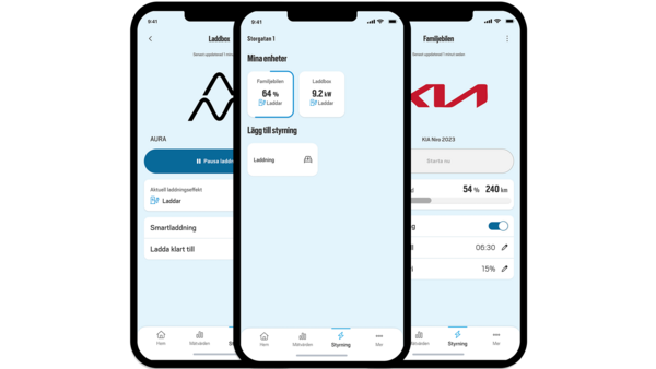 Tre smartphones visar en mobilapp som övervakar elbilsladdning. 