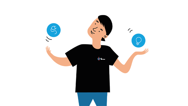 Tecknad person i svart tröja från Jönköping Energi jonglerar två blå ikoner som symboliserar el och fjärrvärme.