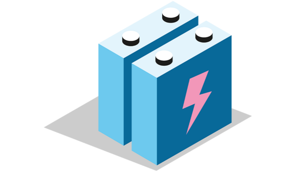 Illustration av stationär batterilagring för elenergi med två blå moduler markerade med blixtsymbol.