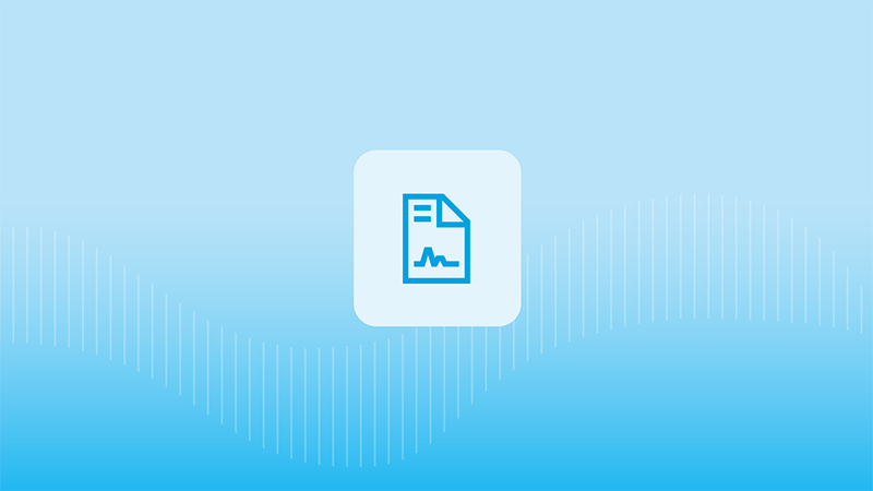 Blå ikon med dokument och diagramlinje i centrum av en bakgrund med ljusblå vågmönster
