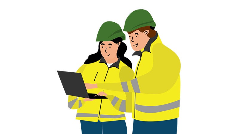 Tecknade figurer i reflexkläder och gröna skyddshjälmar granskar information på en bärbar dator