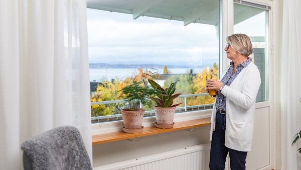 En äldre kvinna står vid ett stort fönster och håller ett glas, blickandes ut över en höstlig utsikt med träd och sjön Vättern. På fönsterbrädan står två krukväxter, och under fönstret syns ett element.