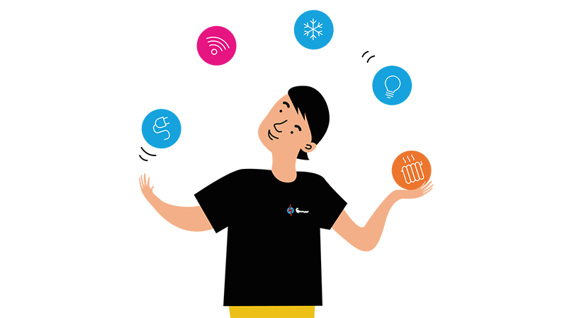 Tecknad figur i svart tröja med Jönköping Energis logotyp jonglerar symboler för olika energitjänster – värme, kyla, el, fiber och elbilsladdning.