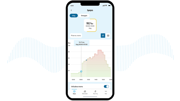 Mobilskärm som visar ett stapeldiagram med timvisa elpriser under ett dygn i Jönköping Energis app. Användaren kan se elpris i öre per kilowattimme, jämföra olika tidpunkter och få hjälp att styra sin elanvändning.