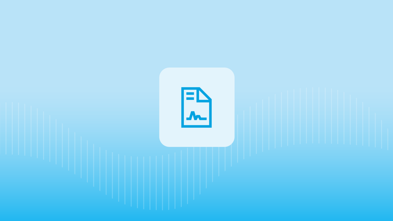 En blå ikon som föreställer ett dokument med en graf, centrerad mot en ljusblå bakgrund med subtila vita vågformer.
