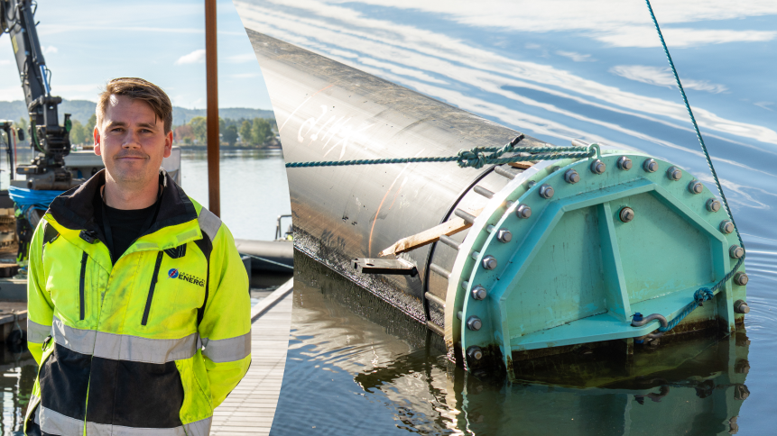 Porträttbild på projektledare Aleksander. Bredvid honom syns sjöledningen i Munksjön.