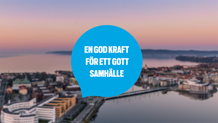 Ett foto över Jönköping. I en blå pratbubbla står "En god kraft för ett gott samhälle".