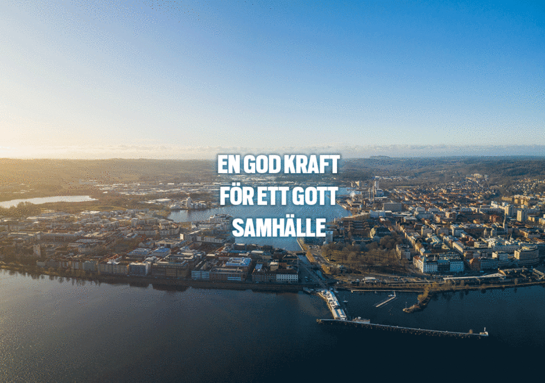En vy över Jönköping med en pratbubbla som säger "En god kraft för ett gott samhälle"