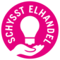 En rund, rosa logotyp med texten "Schysst elhandel" och en vit symbol som visar en hand som håller en glödlampa, vilket symboliserar rättvis och pålitlig elhandel.